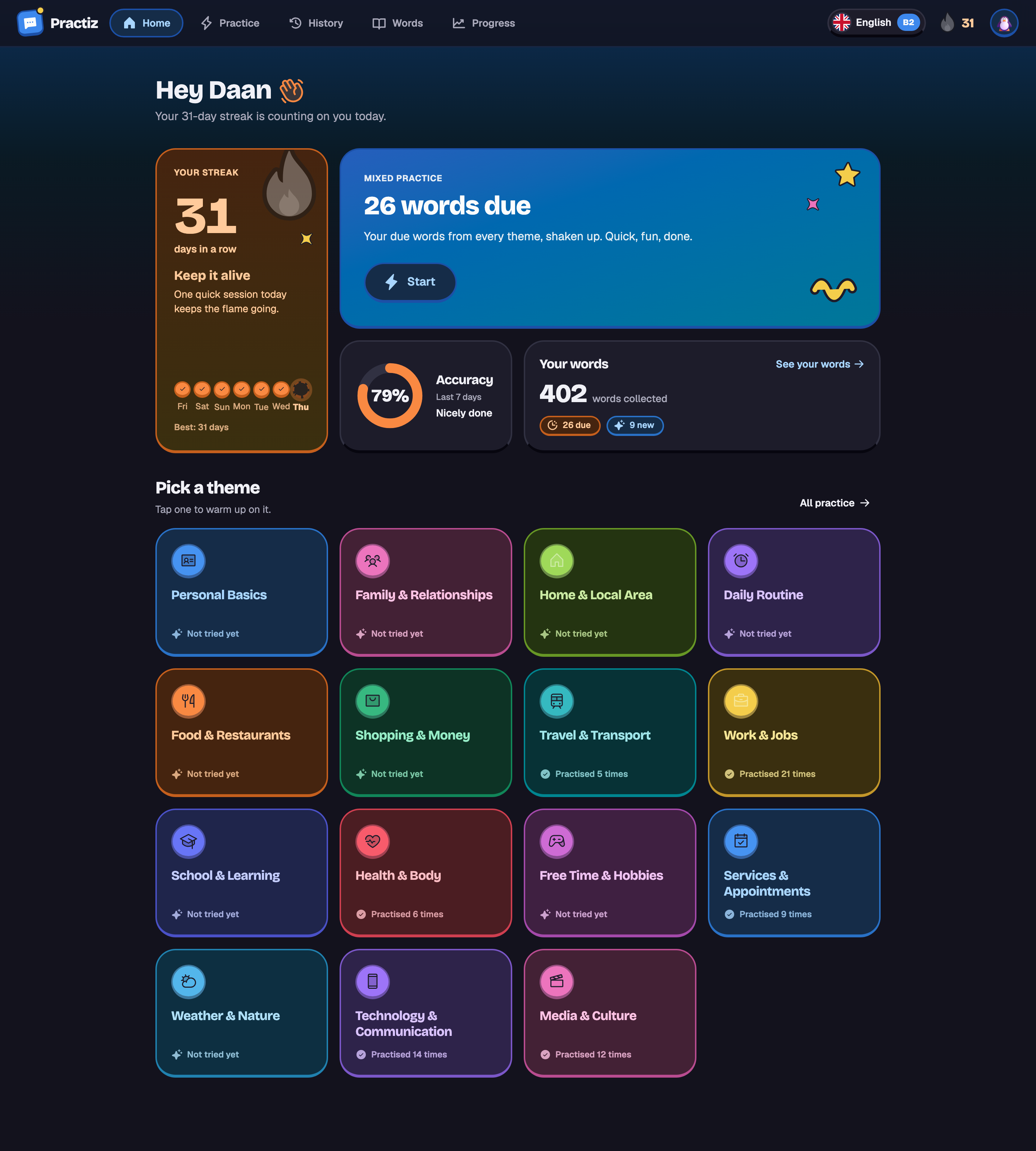 Daan's home screen in dark mode with the Ocean accent: a 31-day streak and 26 words due.
