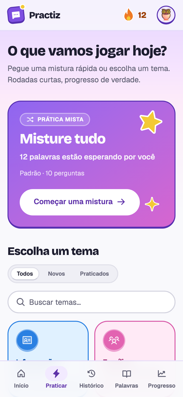 A tela de escolha da prática: Misture tudo com 12 palavras esperando, e os quinze temas.