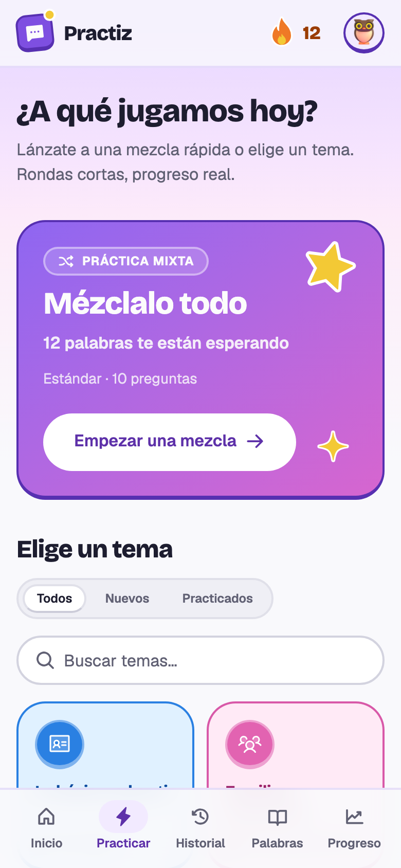 El selector de práctica: Mézclalo todo con 12 palabras esperando, y los quince temas.