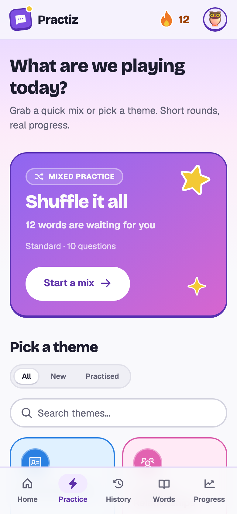 The practice picker: a Shuffle it all card with 12 words waiting, and the theme tiles below.