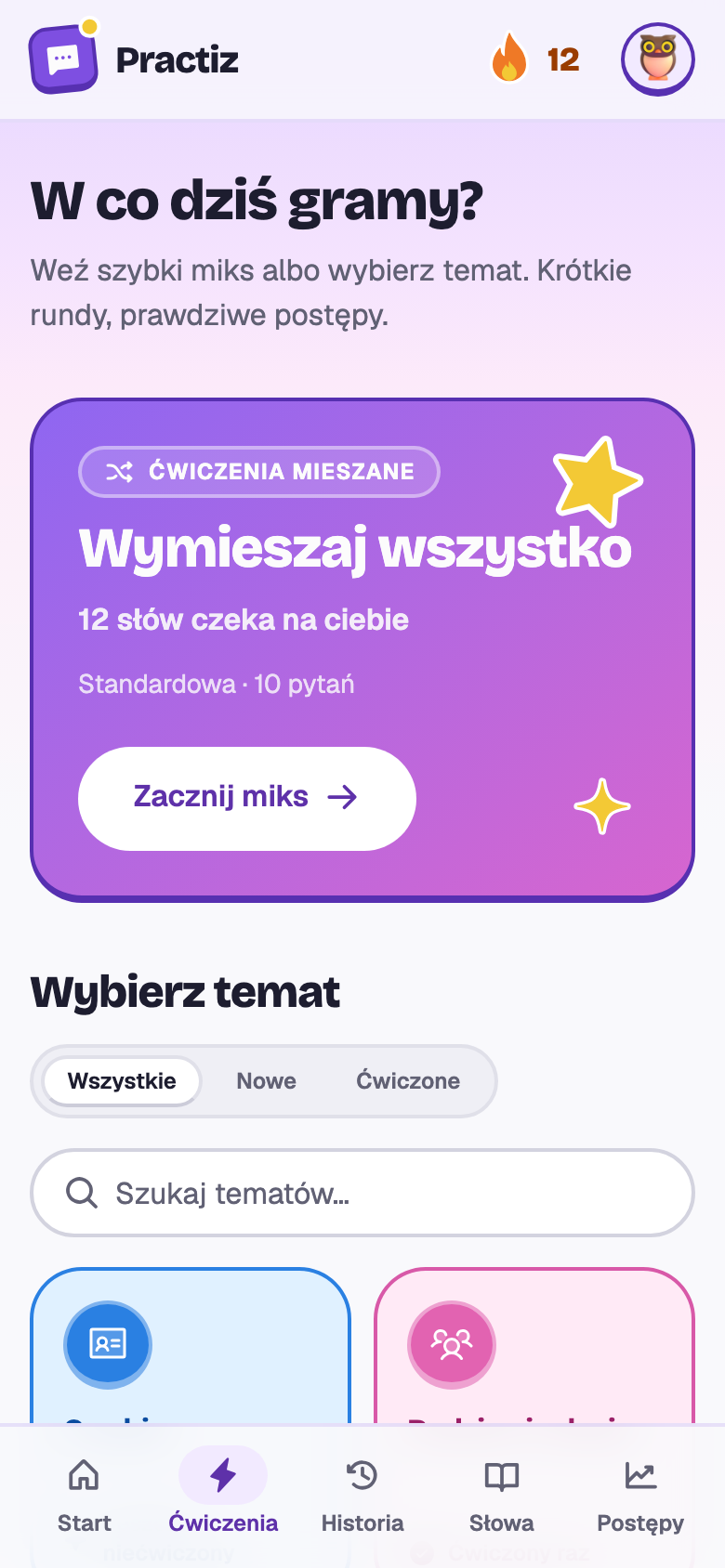 Wybór ćwiczeń: Wymieszaj wszystko (12 słów czeka na ciebie) i piętnaście kafelków tematów.