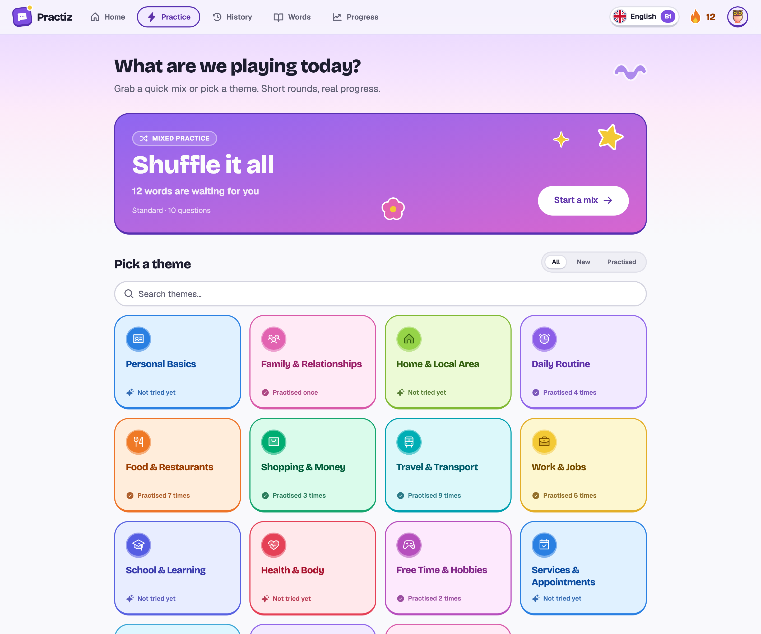 The practice picker: a Shuffle it all card with 12 words waiting, and the theme tiles below.