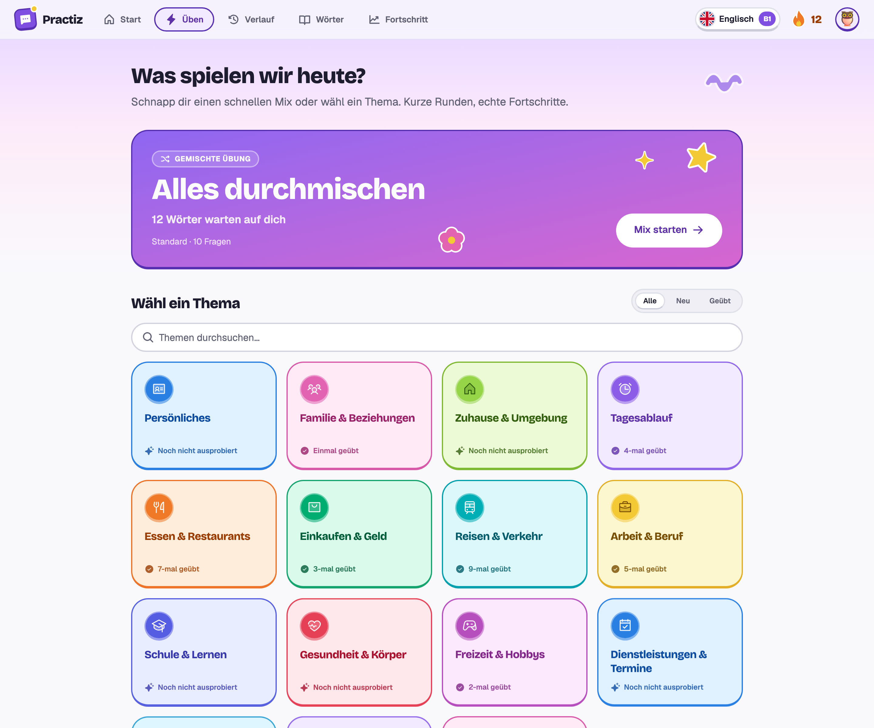Die Übungsauswahl: Alles durchmischen mit 12 wartenden Wörtern, und die fünfzehn Themenkacheln.