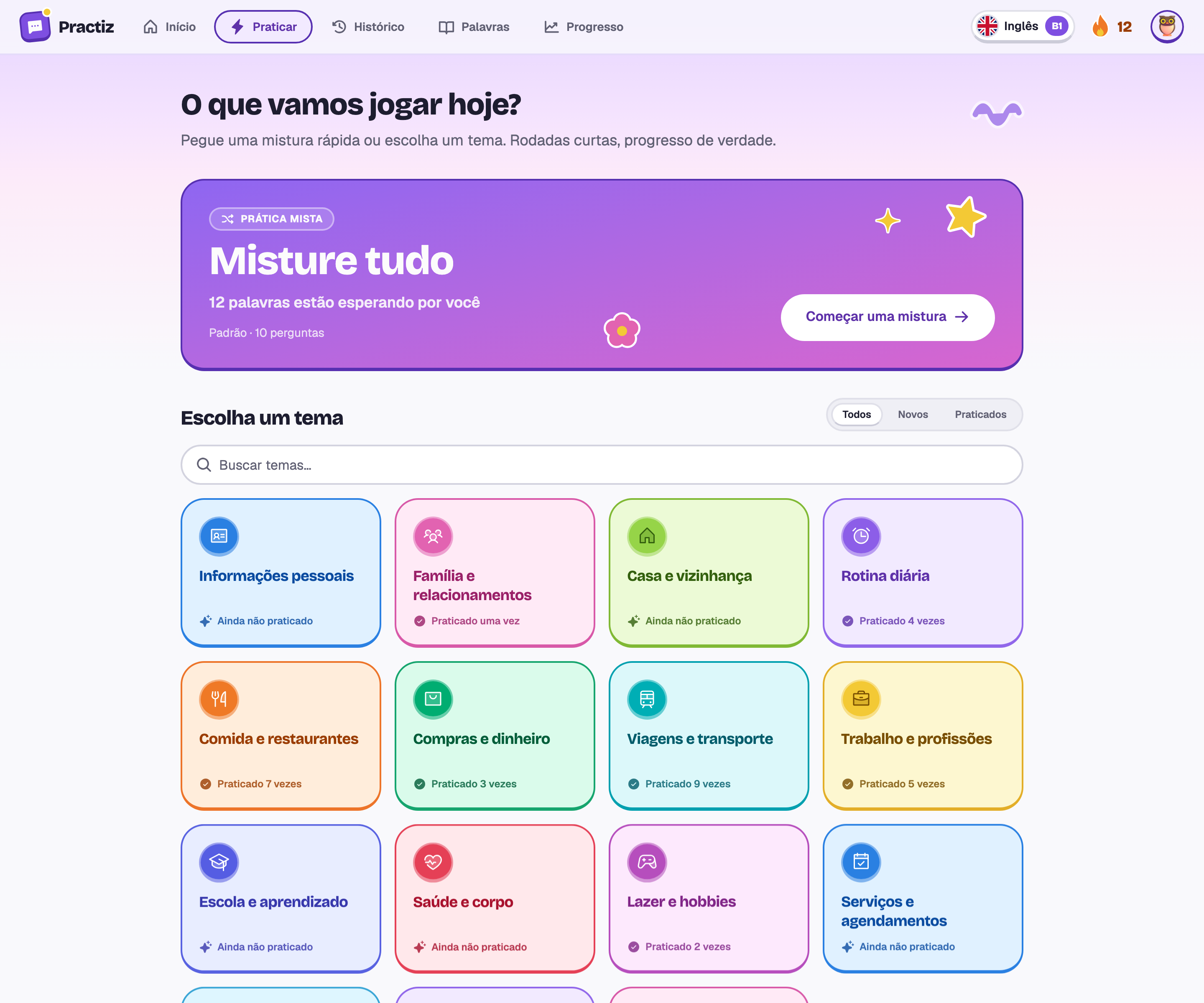 A tela de escolha da prática: Misture tudo com 12 palavras esperando, e os quinze temas.
