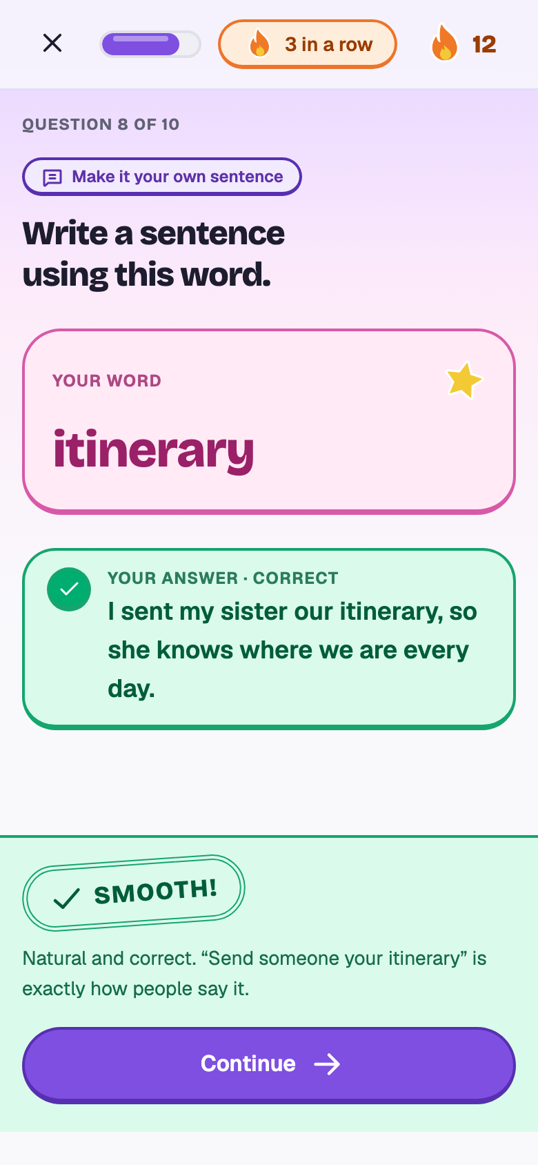 Make a sentence: a sentence with itinerary, marked right with a line of praise.