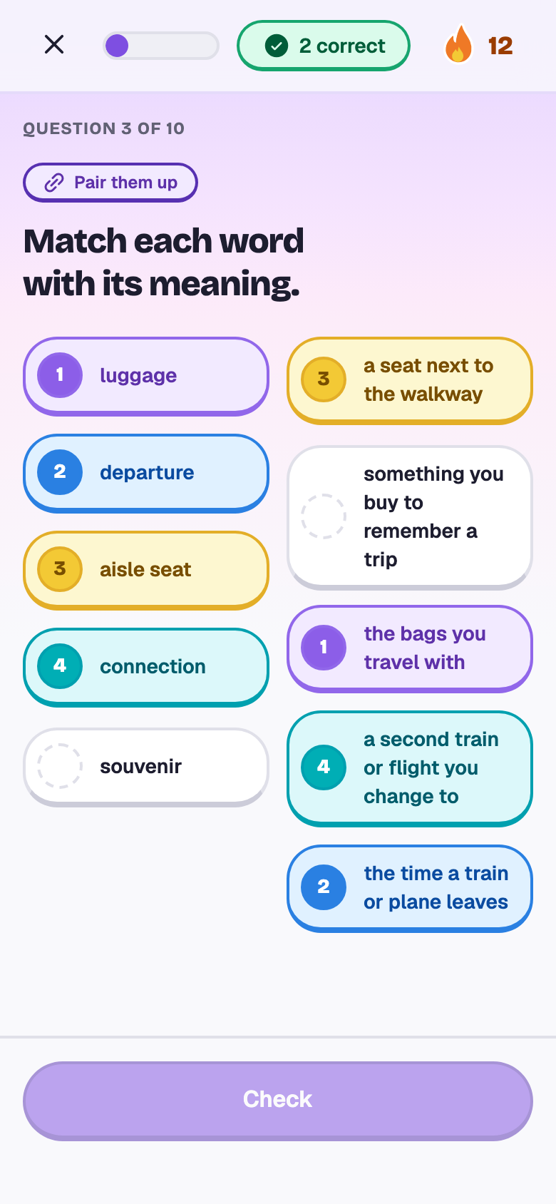 Match-up: travel words paired with their meanings, four of five done.