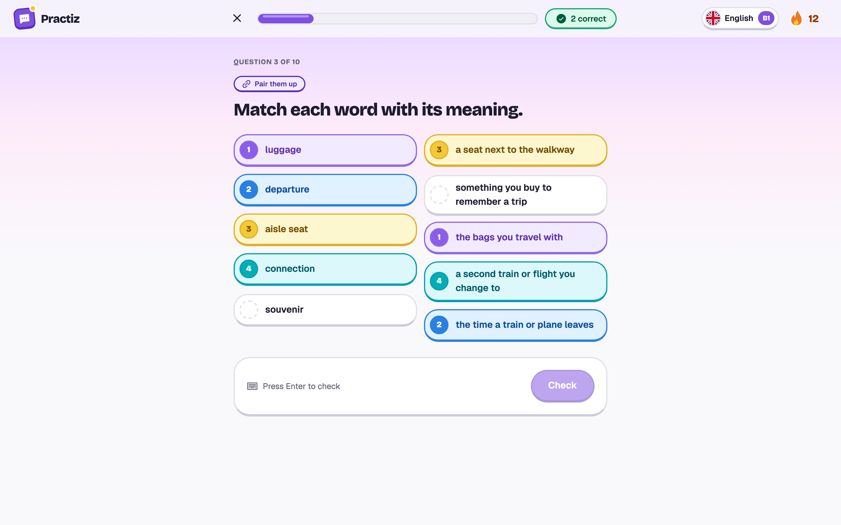 Match-up: travel words paired with their meanings, four of five done.