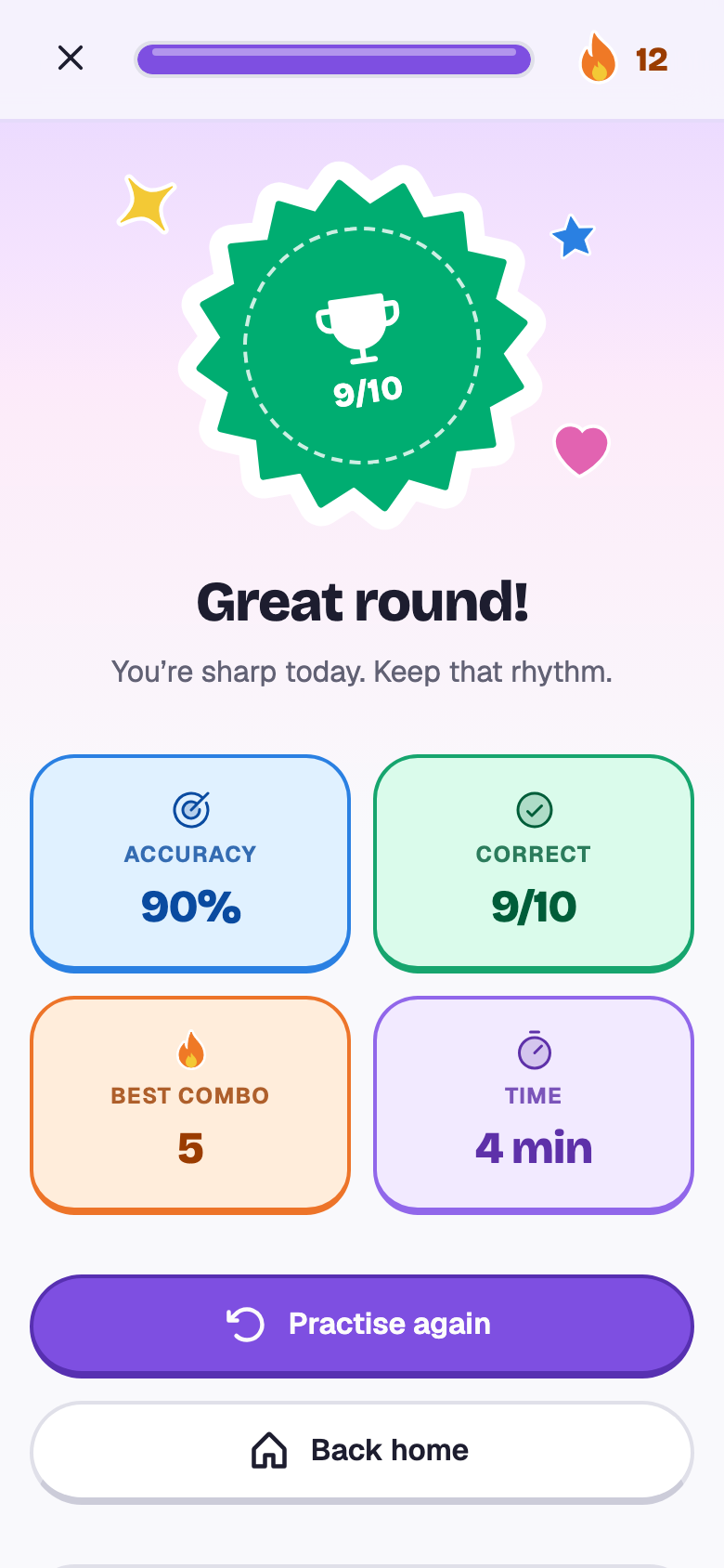 The end of the round: 9 out of 10, Great round, with accuracy, best combo and time.