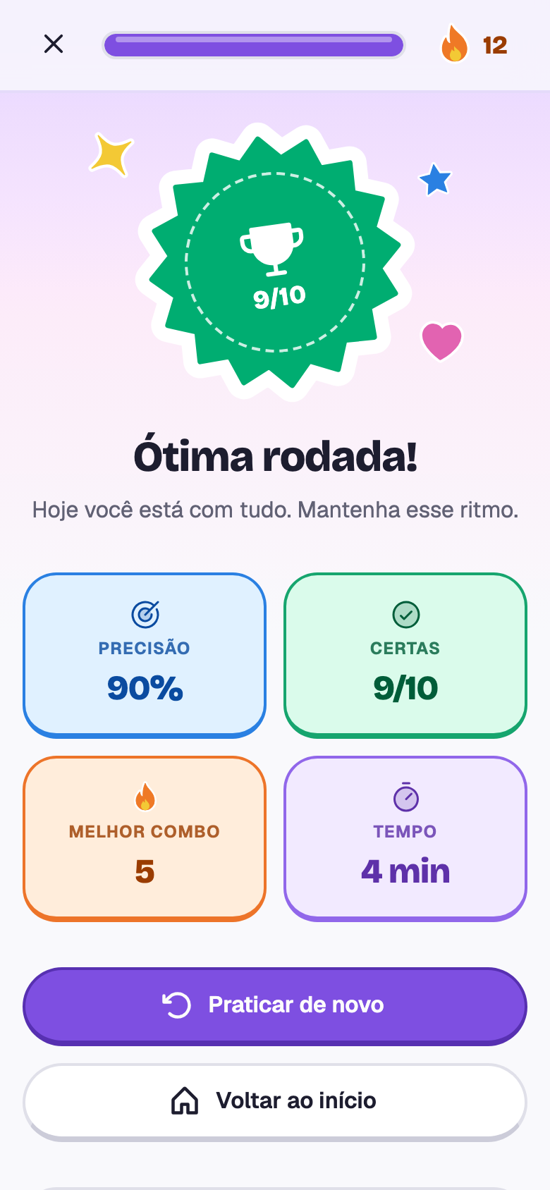 O fim da rodada: 9 de 10, Ótima rodada, com precisão, melhor combo e tempo.