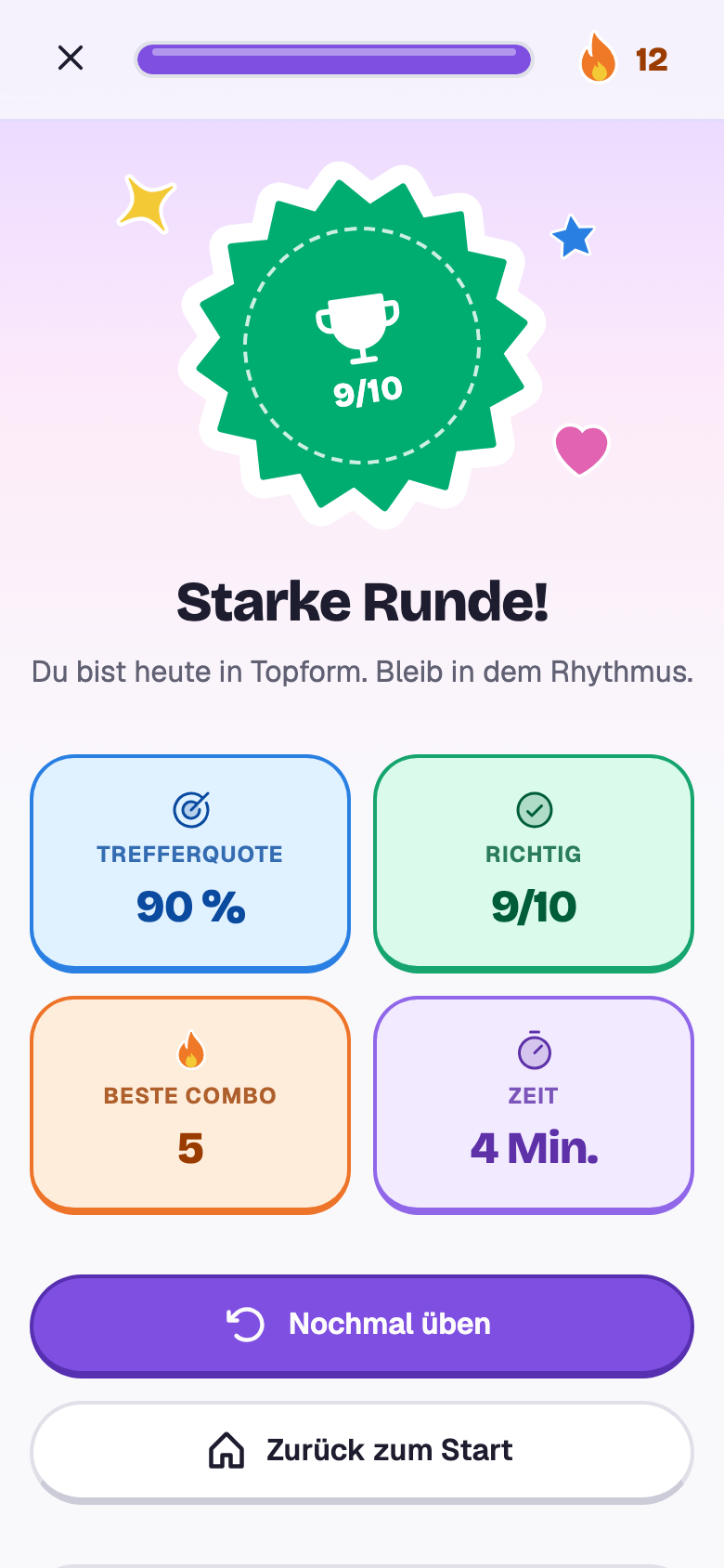 Das Ende der Runde: 9 von 10, Starke Runde!, mit Trefferquote, bester Combo und Zeit.