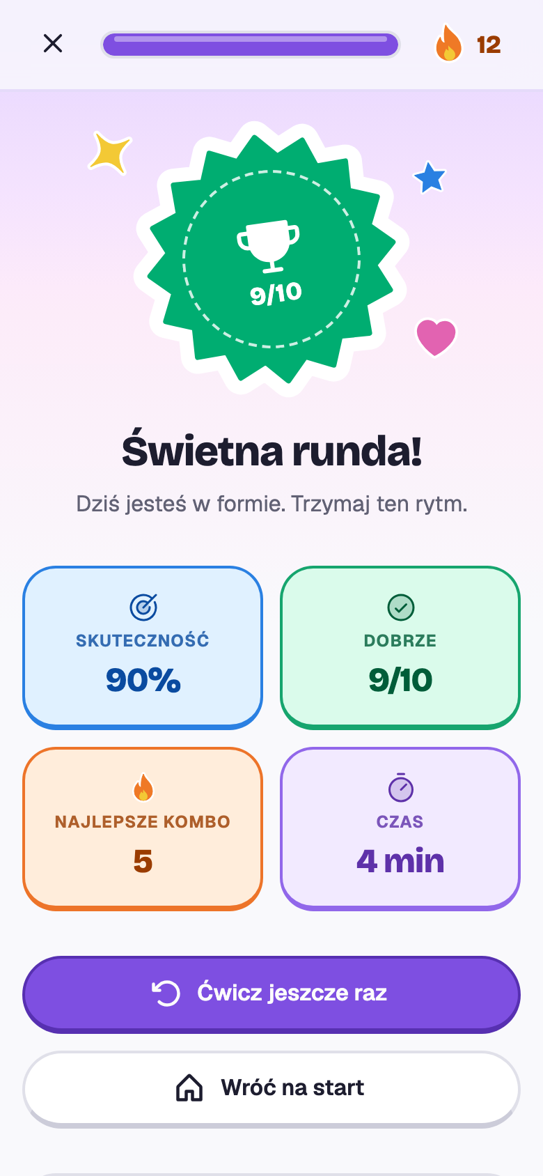 Koniec rundy: 9 z 10, Świetna runda!, ze skutecznością, najlepszym kombo i czasem.