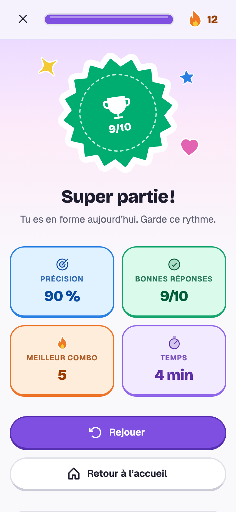 La fin de la partie : 9 sur 10, Super partie !, avec la précision, le meilleur combo et le temps.
