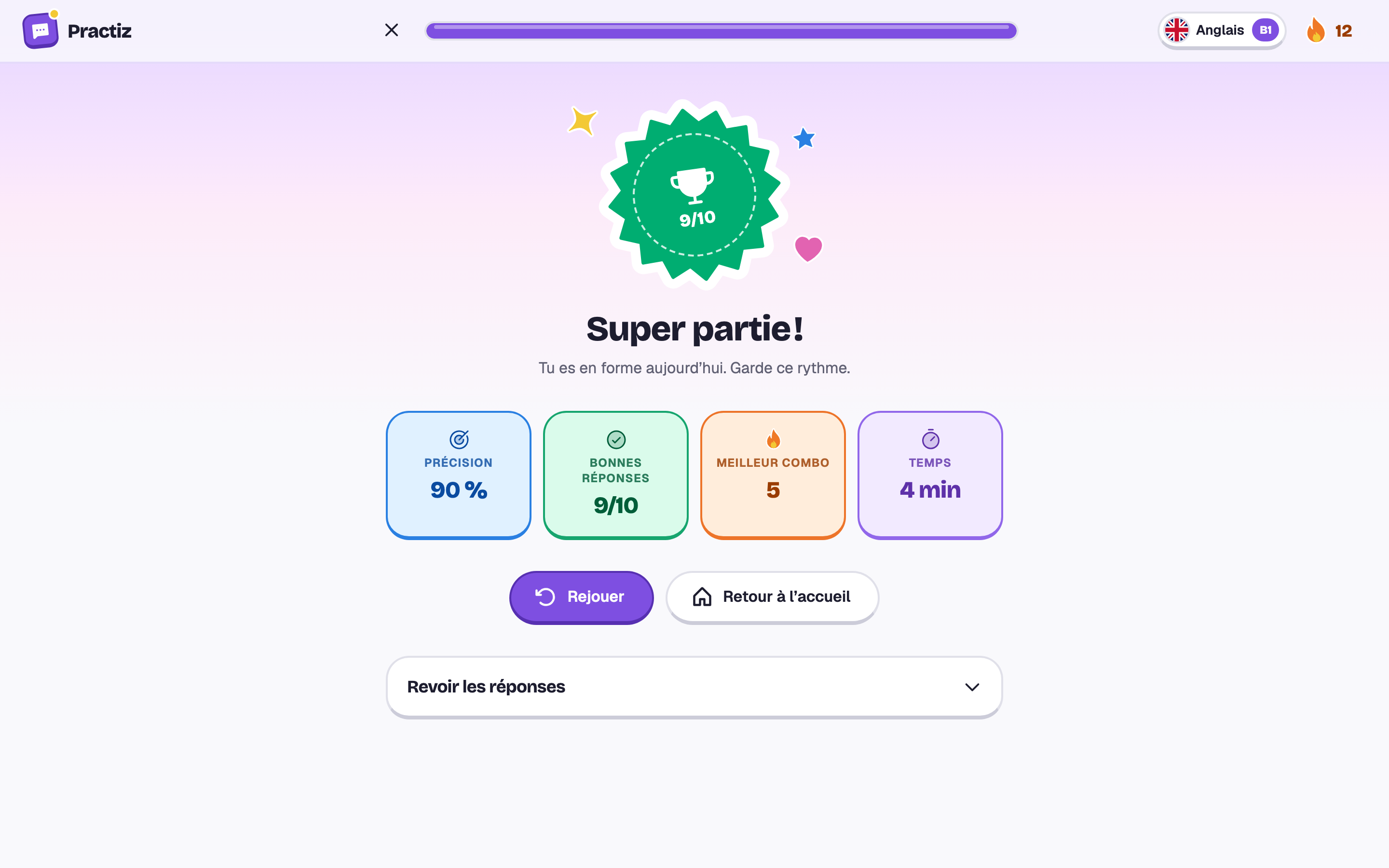 Une partie terminée : 9 sur 10 avec un sceau vert, Super partie !