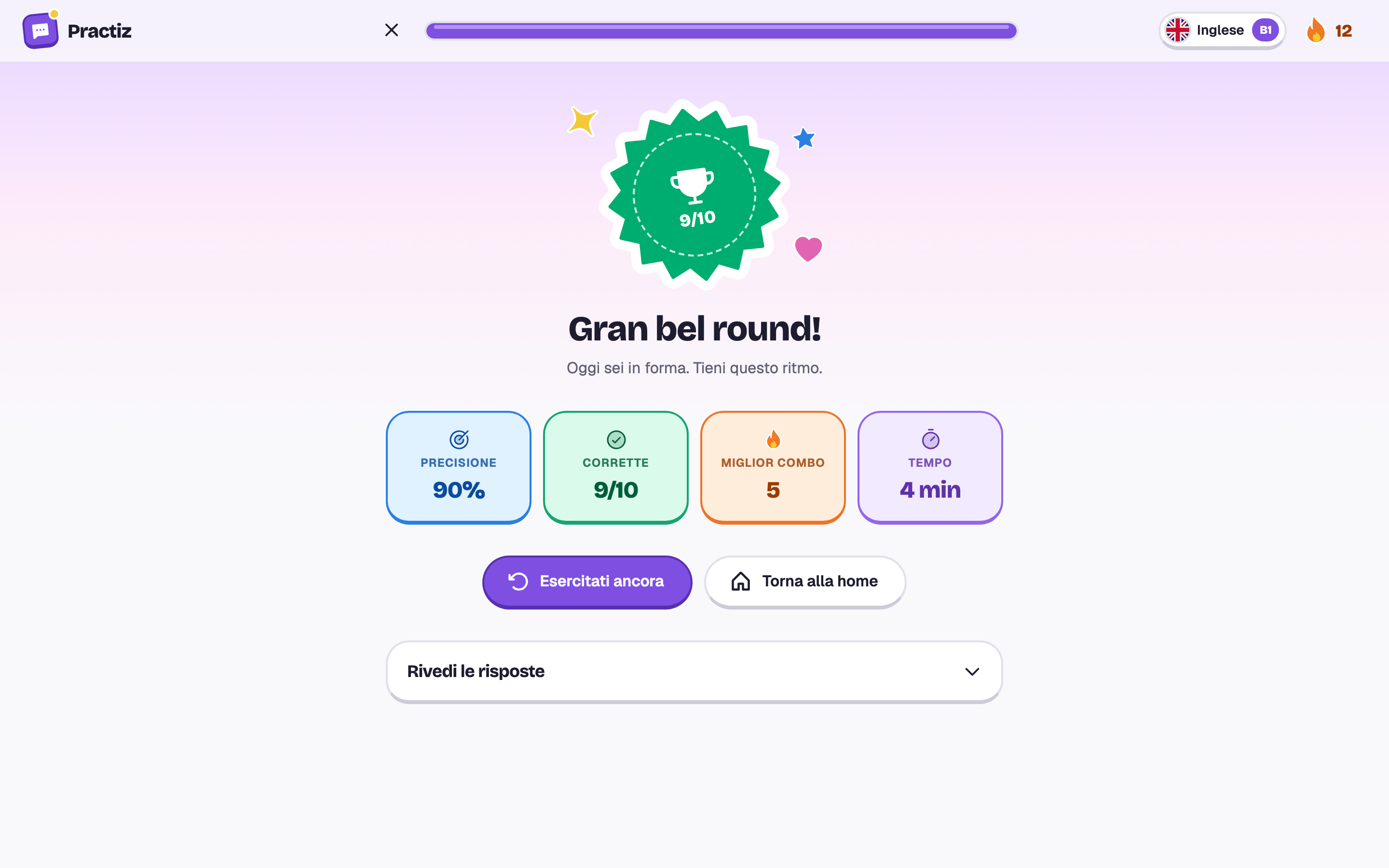 La fine di una sessione: 9 su 10, Gran bel round, con precisione 90%, miglior combo 5 e 4 minuti.