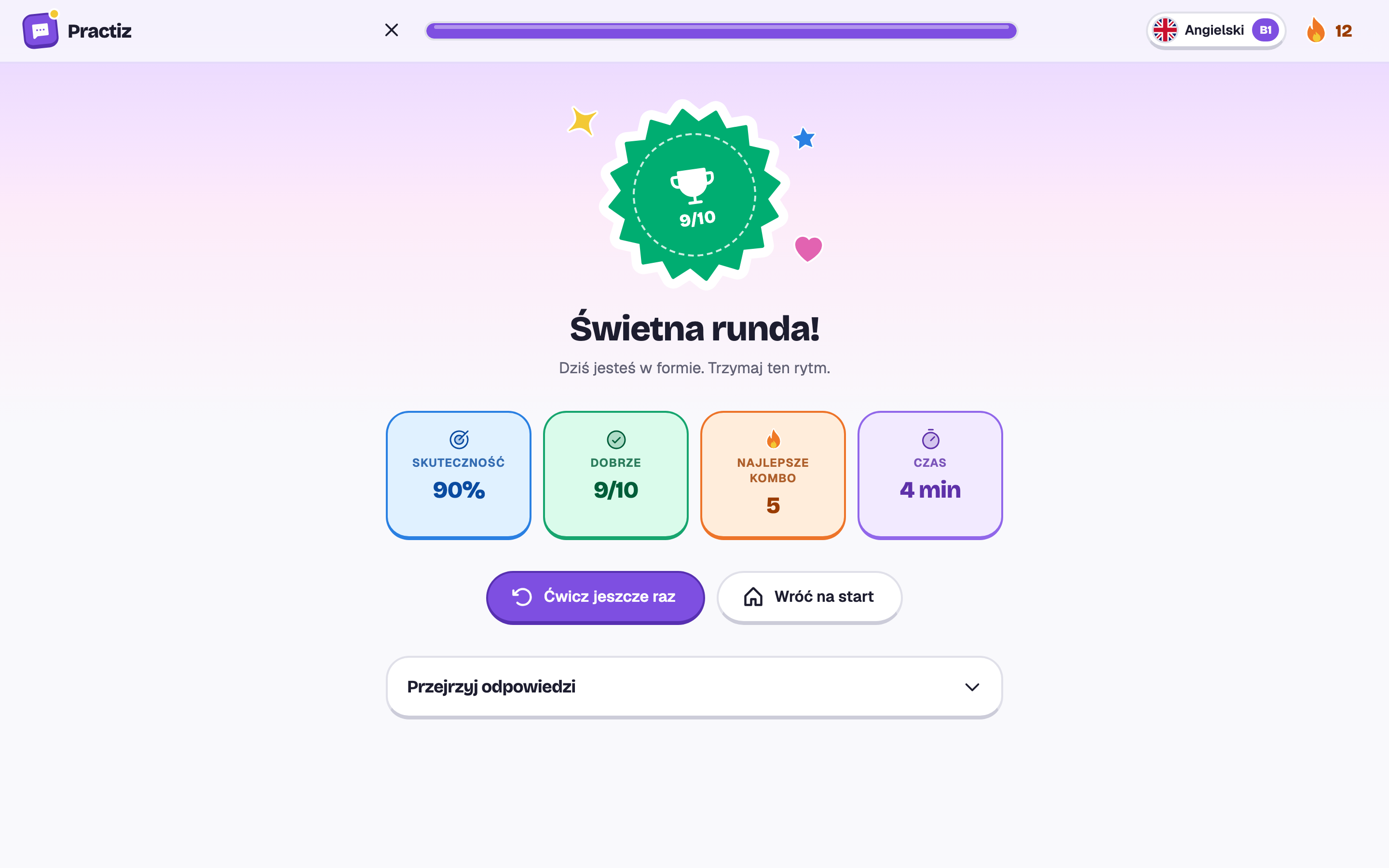 Koniec sesji: 9 z 10, Świetna runda!, skuteczność 90%, najlepsze kombo 5 i czas 4 minuty.