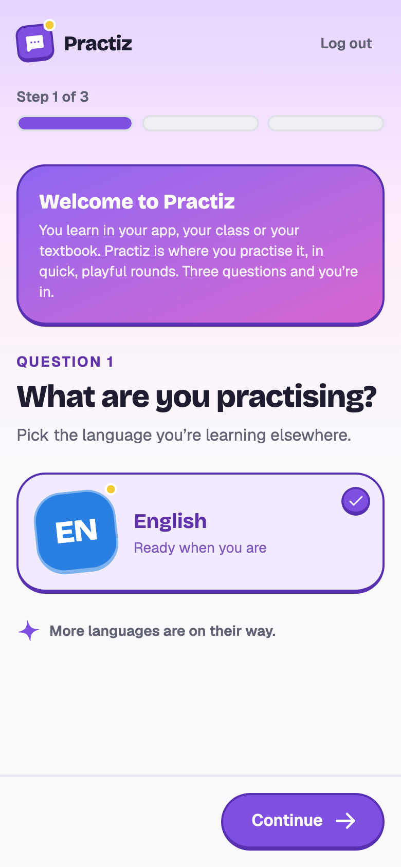 Question 1 of set-up: What are you practising? English is picked.