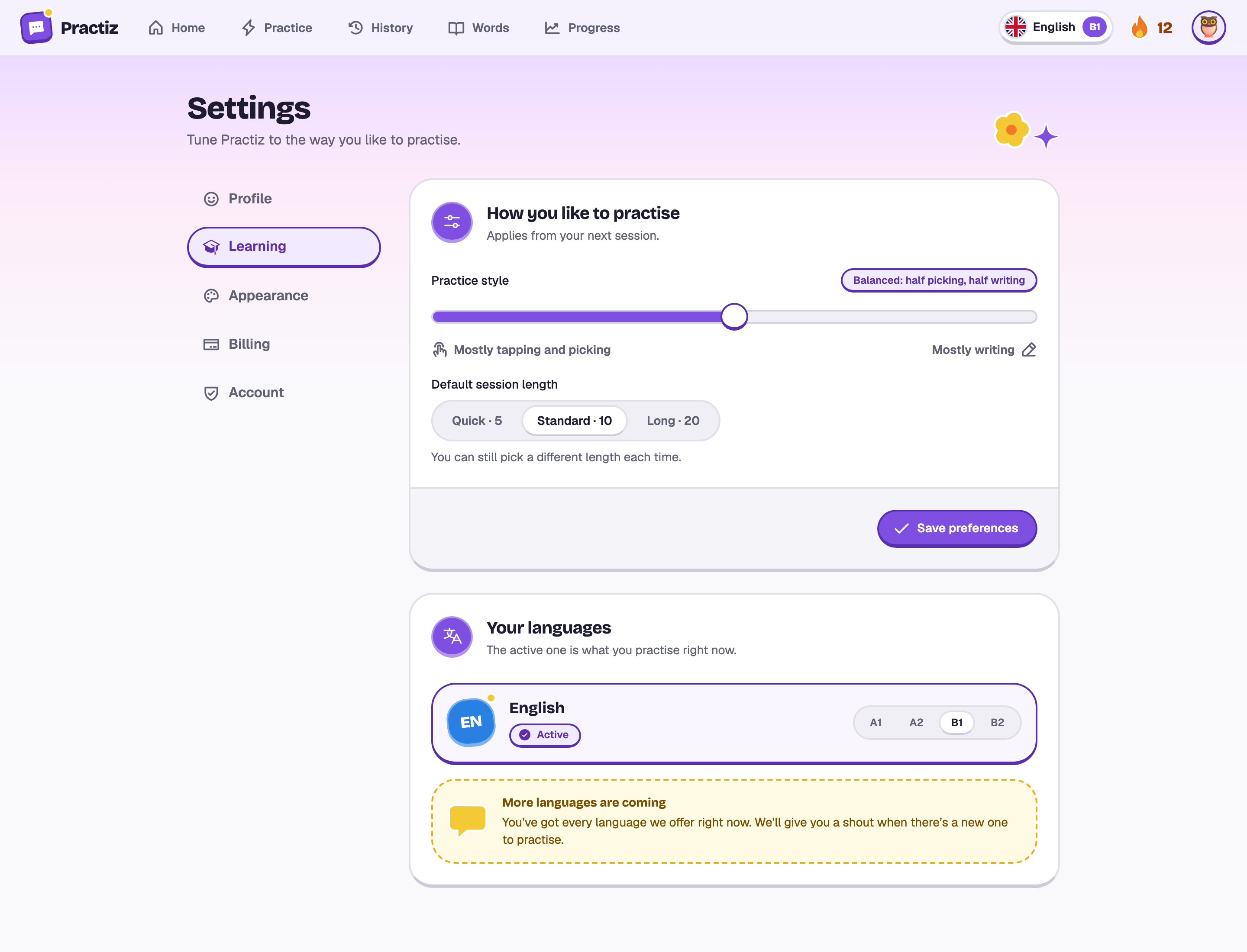 Learning settings: the practice style slider set to Balanced, and the default round length, Standard, 10 questions.