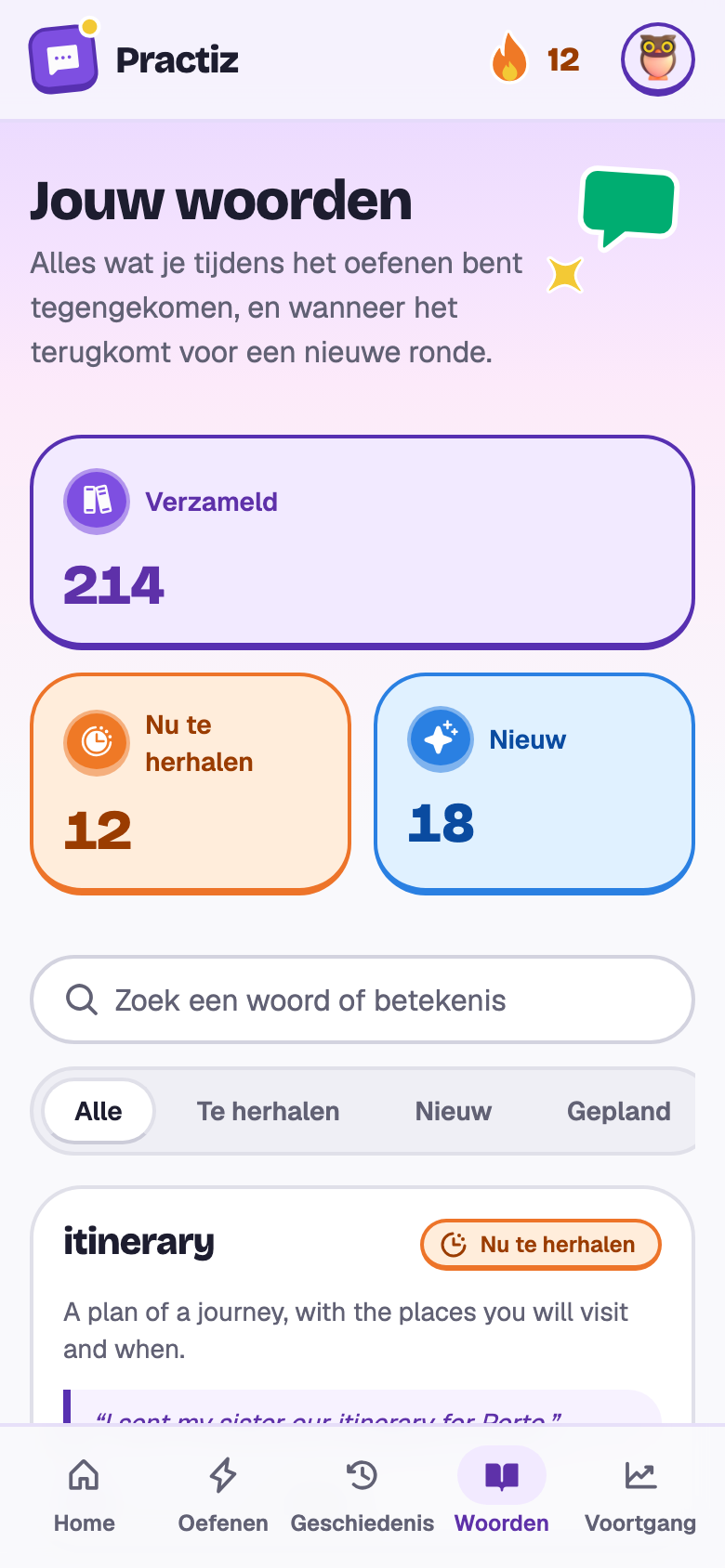 De woorden van Sanne: 214 verzameld, 12 te herhalen, en kaarten voor itinerary, connection, fare, delayed, reservation en luggage.