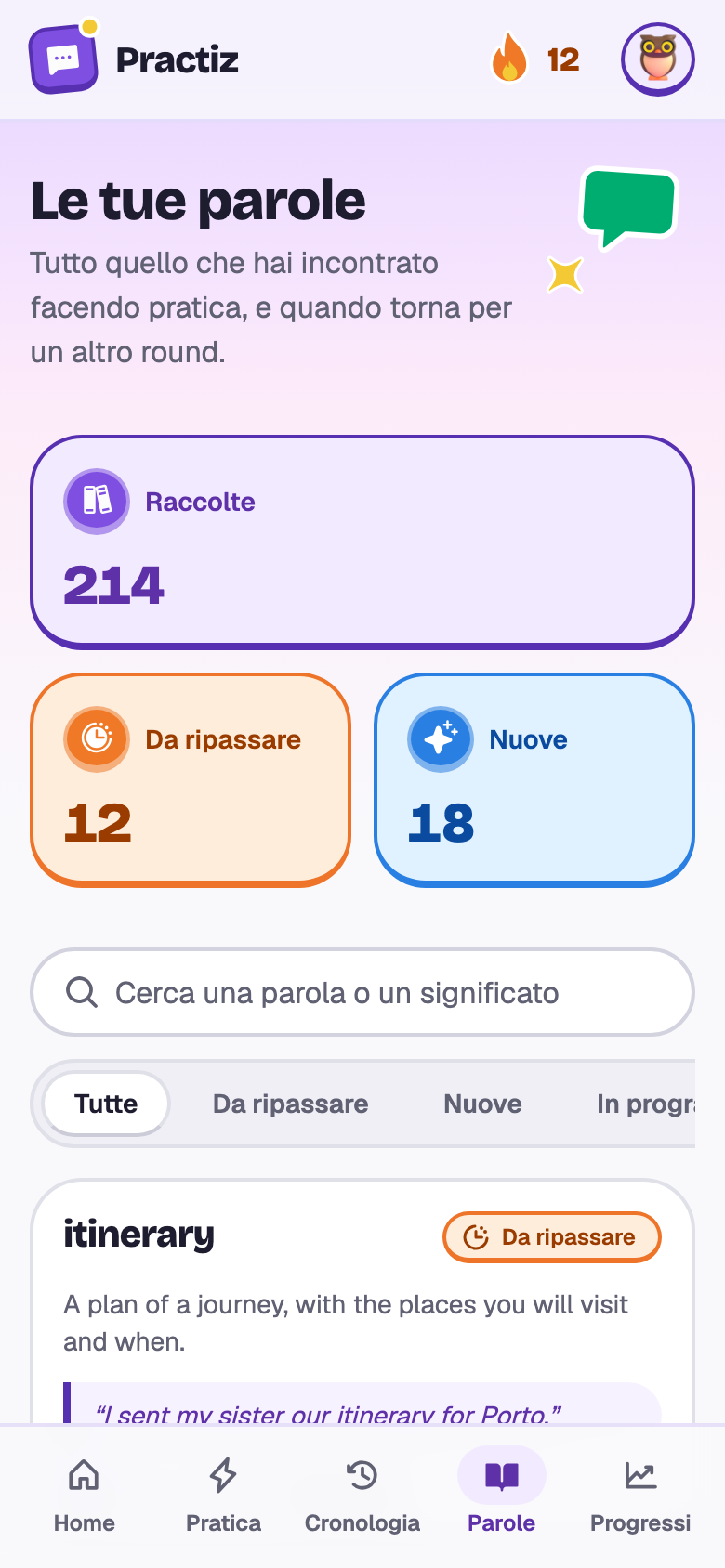 Le parole di Giulia: 214 raccolte, 12 da ripassare, e le schede di itinerary, connection, fare, delayed, reservation e luggage.