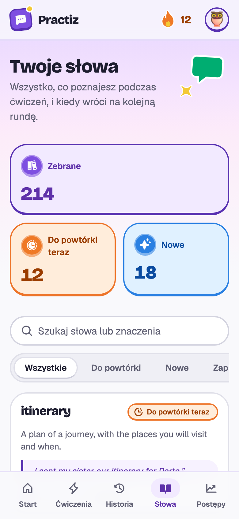 Słowa (Zofia): 214 zebranych, 12 do powtórki i karty słów itinerary, connection, fare, delayed, reservation i luggage.