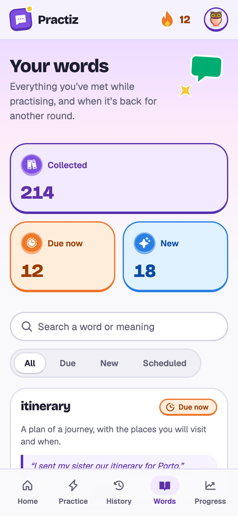 Sofía's words page: 214 collected, 12 due now, 18 new, and cards for itinerary, connection, fare, delayed, reservation and luggage with their strength.